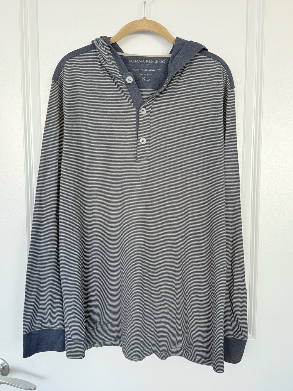 Banana Republic Men's Navy and Gray Striped Hooded Henley